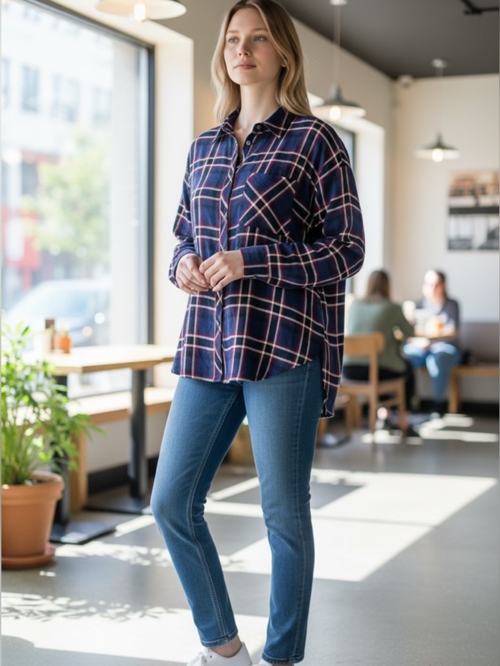 Michael Stars Button Down Shirt Navy Plaid Boyfriend Women’s Size Large